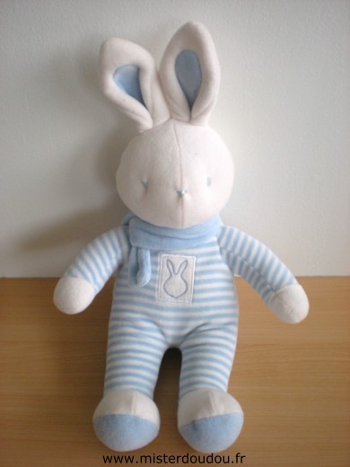 Doudou Lapin Klorane Rayé bleu blanc echarpe bleue 