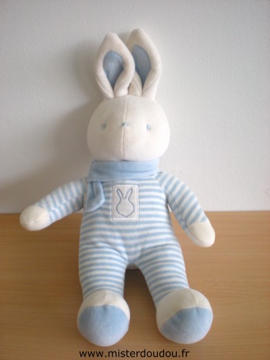 Doudou Lapin Klorane Rayé bleu blanc écharpe bleue 