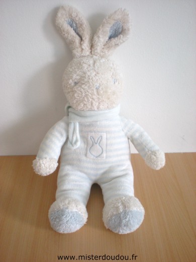 Doudou Lapin Klorane Rayé bleu blanc echarpe bleue 