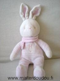 Doudou Lapin Klorane Rayé rose blanc écharpe rose Modèle tout en velours