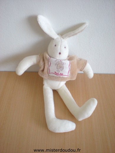 Doudou Lapin Moulin roty Blanc pull beige Mini lapin avec ficelle (devait être attaché à un mobile?)