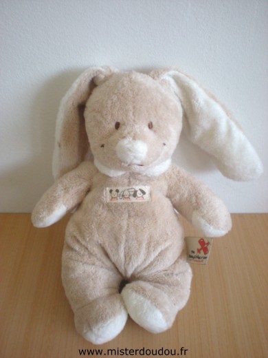 Doudou Lapin Nicotoy Beige avec 3 petits personnages sur le ventre 