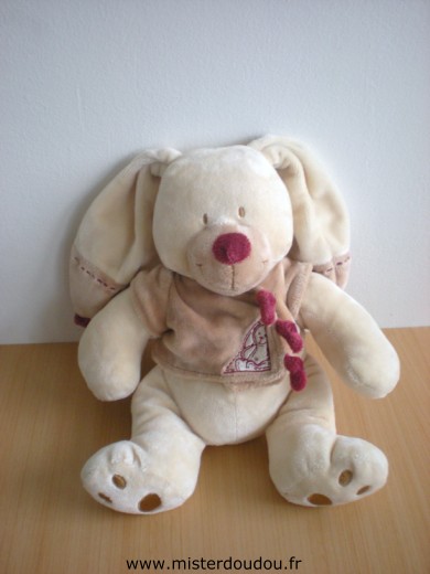 Doudou Lapin Nicotoy Beige gilet marron avec une fermeture scratch 