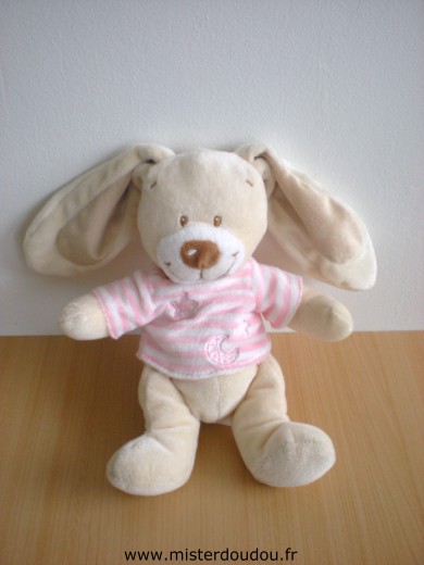 Doudou Lapin Nicotoy Beige tshirt rayé rose blanc 