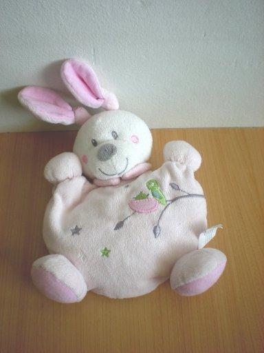 Doudou Lapin Nicotoy Rose  motifs oiseau nid branche 