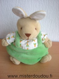 Doudou Lapin Noukie s Vert et tissus blanc imprimé carottes Bon état sauf le fil de la bouche décousu