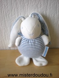 Doudou Lapin Nounours Rayé blanc bleu tissus et velours blanc 