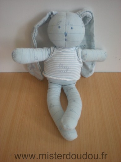 Doudou Lapin Petit bateau Bleu motif oiseaux avec tshirt rayé bleu ciel 