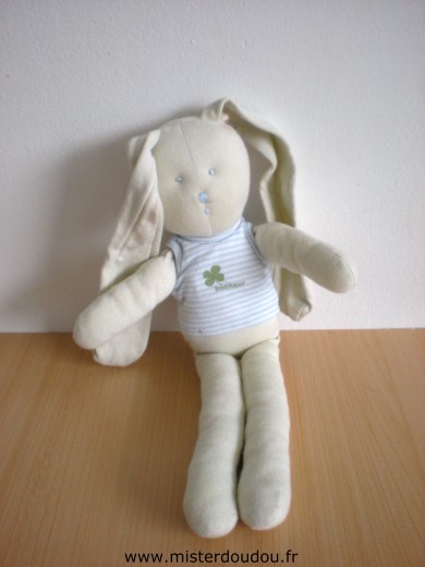 Doudou Lapin Petit bateau Vert clair tshirt rayé blanc bleu Une trace rose derrière la tête