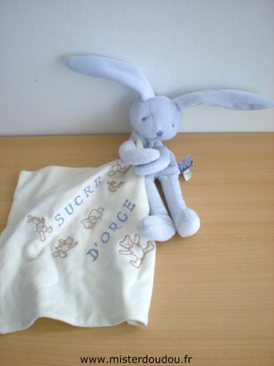 Doudou Lapin Sucre d orge Bleu mouchoir ecru brodé de plusieurs lapins ours 