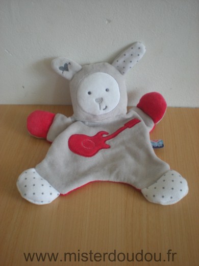 Doudou Lapin Sucre d orge Gris rouge blanc avec dessin de guitar rouge 