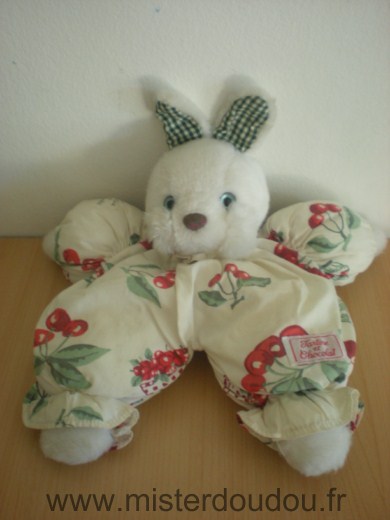 Doudou Lapin Tartine et chocolat Tête peluche blanche, tissus écru imprimé cerises 