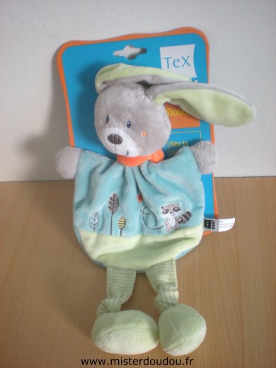 Doudou Lapin Tex Bleu vert motif raton laveur 