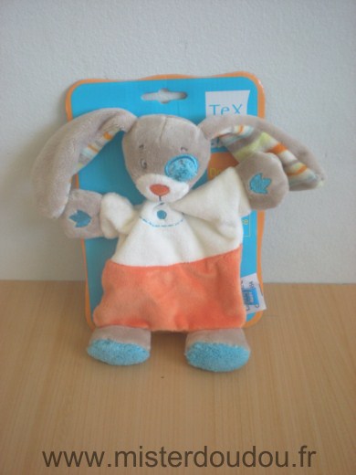 Doudou Lapin Tex Orange blanc bleu beige 