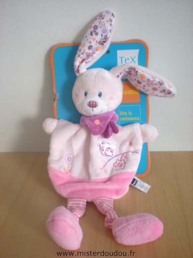 Doudou Lapin Tex Rose motifs fleurs feuilles oiseau 