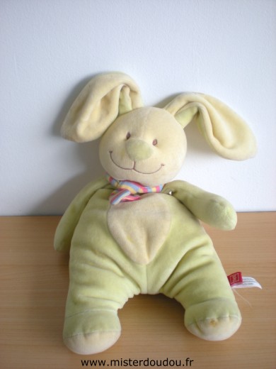 Doudou Lapin Tex Vert jaune echarpe rayée 