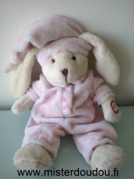 Doudou Lapin - marque non connue - Ecru pyjama rose coeurs blanc bonnet rose Musical quand on presse la main