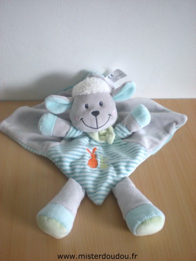 Doudou Mouton Nicotoy Gris  rayé bleu blanc avec brodés 2 lapins orange jaune 