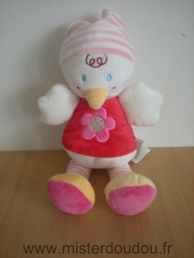 Doudou Oiseau Nicotoy Blanc rouge avec fleur rose bonnet rose rayé blanc 