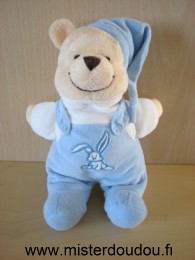 Doudou Ours 0 Beige salopette  bleus avecun lapin blanc 