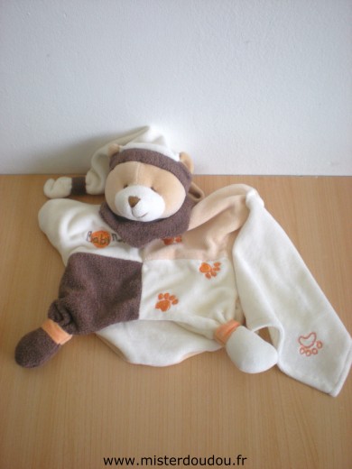 Doudou Ours Baby nat Beige marron mouchoir blanc empruntes pattes oranges 