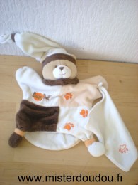 Doudou Ours Baby nat Blanc marron mouchoir blanc empreintes pattes oranges 