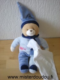 Doudou Ours Baby nat Ours bleu mouchoir blanc 