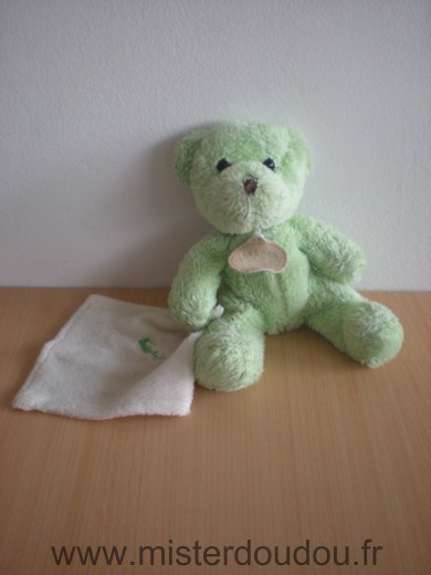 Doudou Ours Baby nat Vert mouchoir blanc 