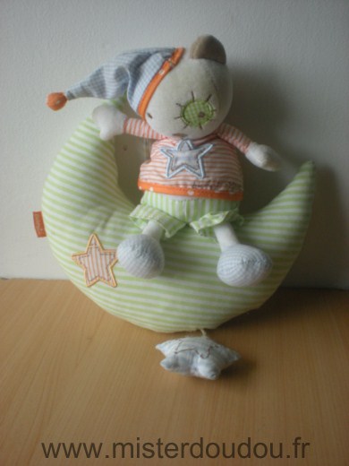 Doudou Ours Baby sun Ours assis sur lune rayé vert blanc rayé orange blanc 