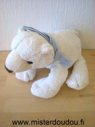 Doudou Ours Cp international Blanc écharpe bleue 