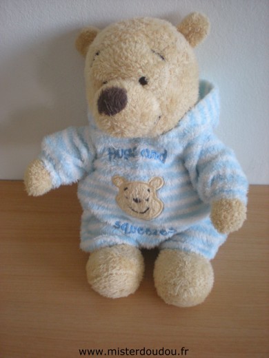 Doudou Ours Disney Winnie combinaison rayée bleu blanc 