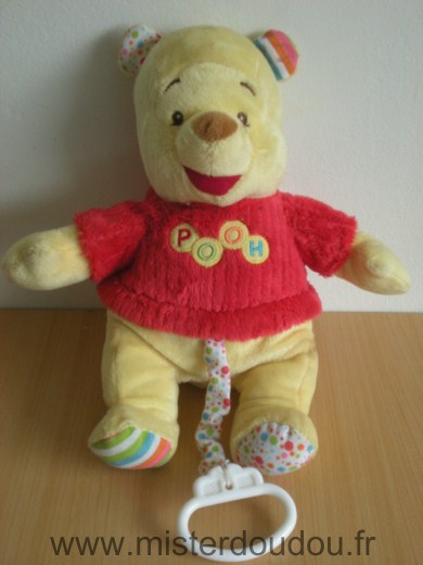 Doudou Ours Disney Winnie jaune tshirt rouge Attention la boite a musique ne fonctionne presque plus