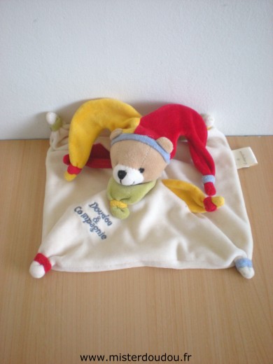 Doudou Ours Doudou et compagnie Arlequion blanc bonnet rouge jaune 