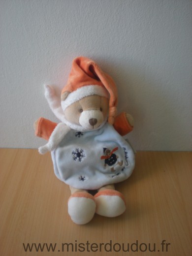 Doudou Ours Doudou et compagnie Blanc bonnet orange cape bleue 