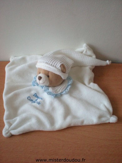 Doudou Ours Doudou et compagnie Blanc col bleu 