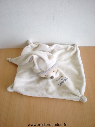 Doudou Ours Doudou et compagnie Blanc liseret bonnet gris 