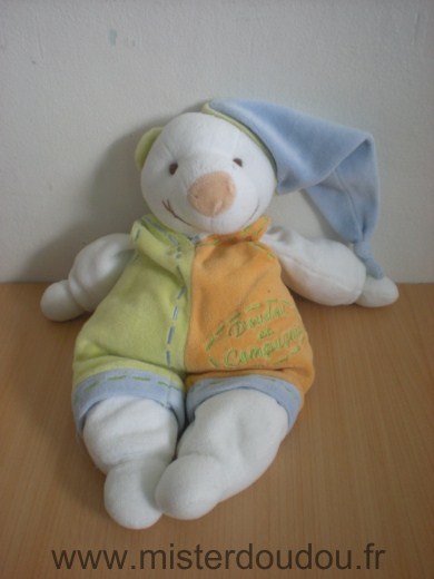 Doudou Ours Doudou et compagnie Blanc salopette orange verte bonnet bleu 