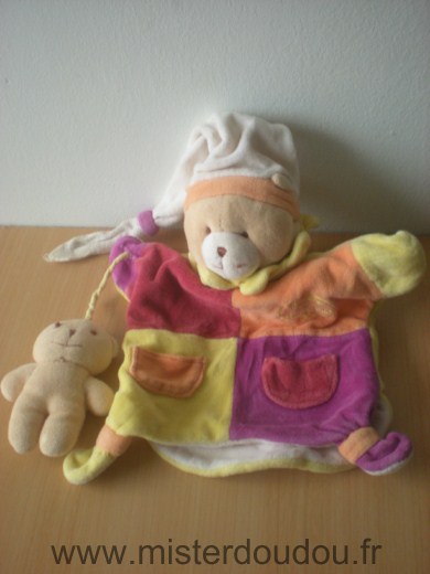 Doudou Ours Doudou et compagnie Bordeau orange violet jaune avec bébé ours Bon été général sauf bout du bonnet très abimé - petit prix pour dépanner -