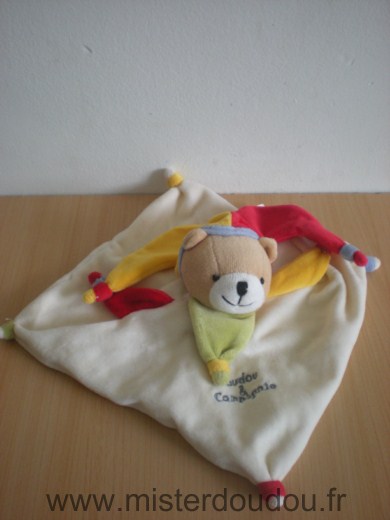 Doudou Ours Doudou et compagnie Ecru bonnet jaune rouge 