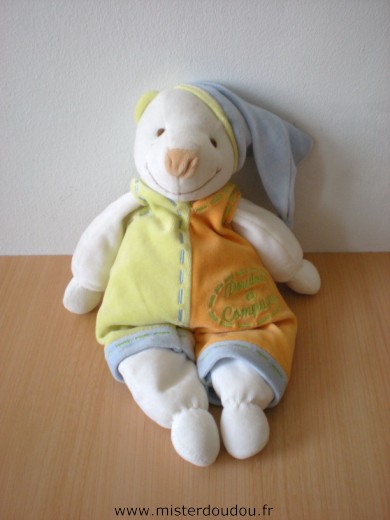 Doudou Ours Doudou et compagnie Fripon salopette orange vert 