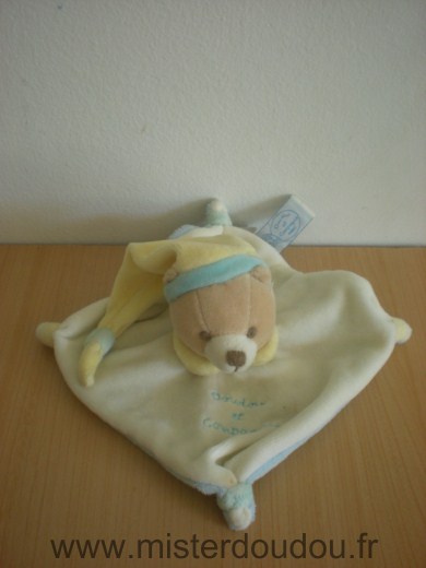 Doudou Ours Doudou et compagnie Jaune bleu bonnet jaune 