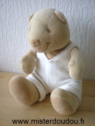 Doudou Ours Doudou et compagnie Marron salopette blanche 