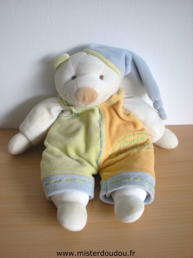 Doudou Ours Doudou et compagnie Ours frippon blanc salopette vert orange 