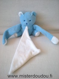 Doudou Ours Mustela Bleu mouchoir blanc 