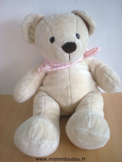 Doudou Ours Nicotoy Beige foulard carreaux rose et blanc 