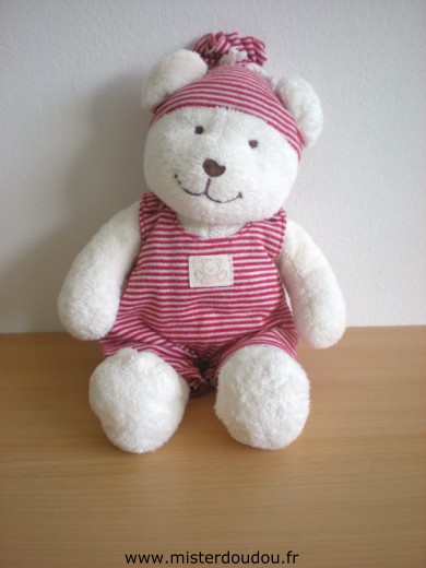 Doudou Ours Nicotoy Blanc salopette rayée rouge blanc 