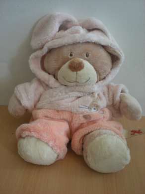 Doudou Ours Nicotoy Ours beige déguisé en lapin habit rose 