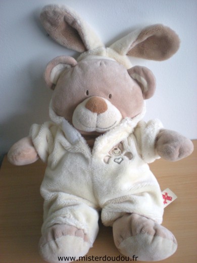 Doudou Ours Nicotoy Ours beige deguisement de lapin jaune Grand modèle