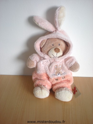 Doudou Ours Nicotoy Ours déguisé en lapin rose 