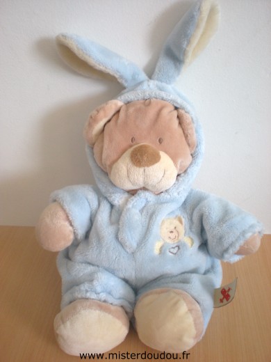 Doudou Ours Nicotoy Ours marron deguisé en lapin bleu Grand modèle